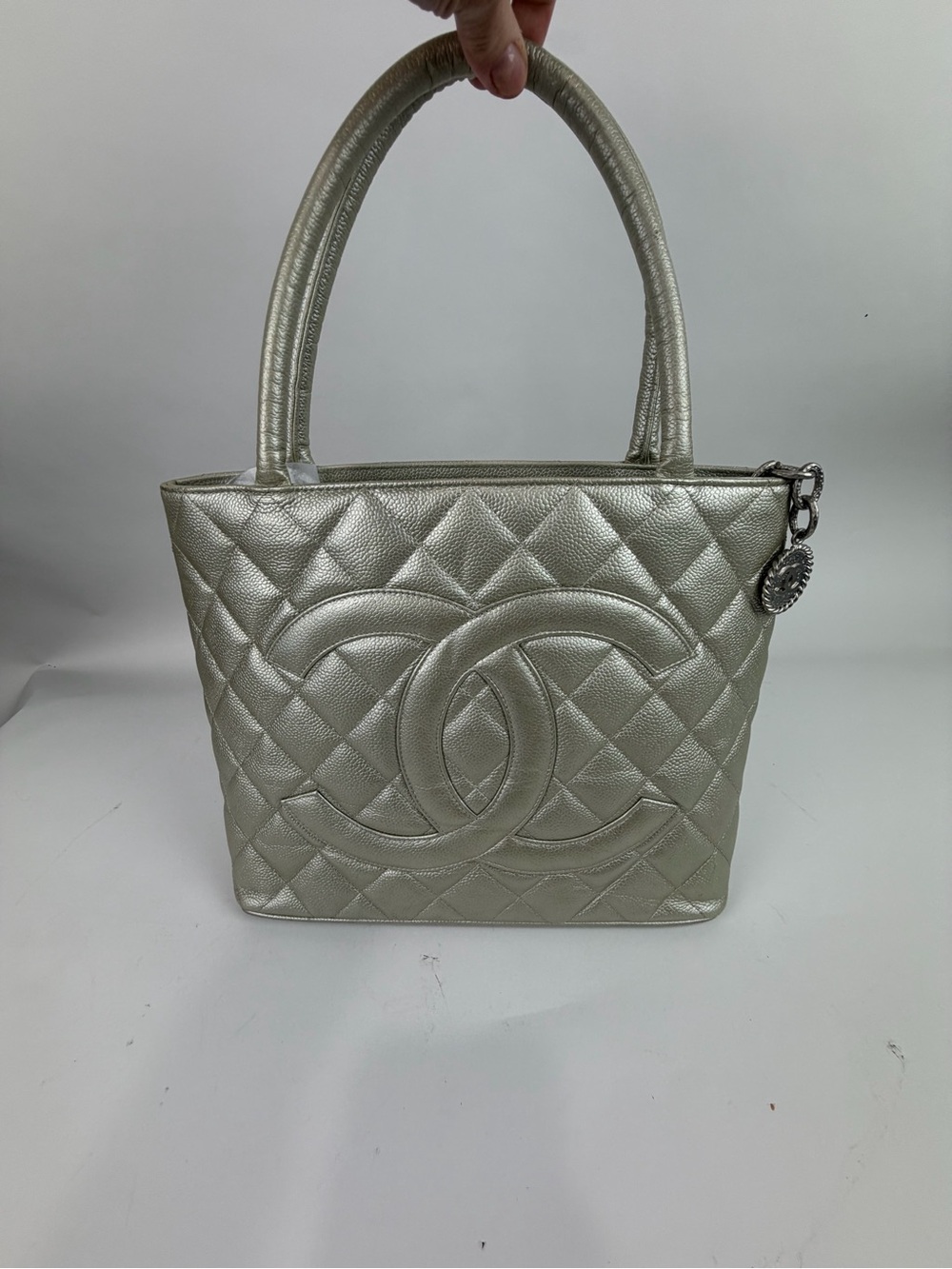 CHANEL Silver Quilted CC Top-Handle Shoulder Bag